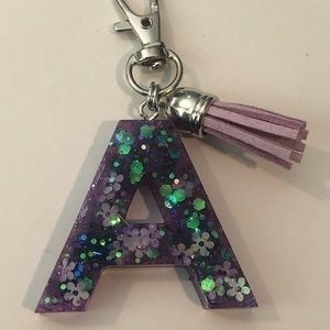 Handmade A Purple Flower Floral Glitter Resin Key Chain Bag Charm